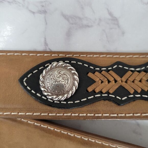 Nocona Top Hand Leather Western Belt Tan with Black Billet Silver Concho Men's - Picture 11 of 14
